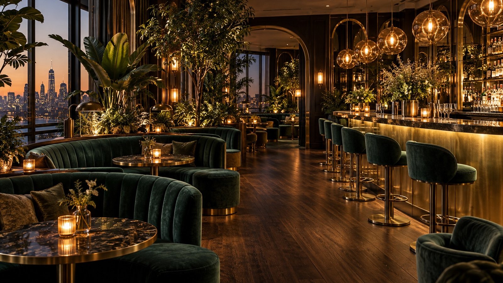 An intimate cocktail lounge with green velvet seats and brass details