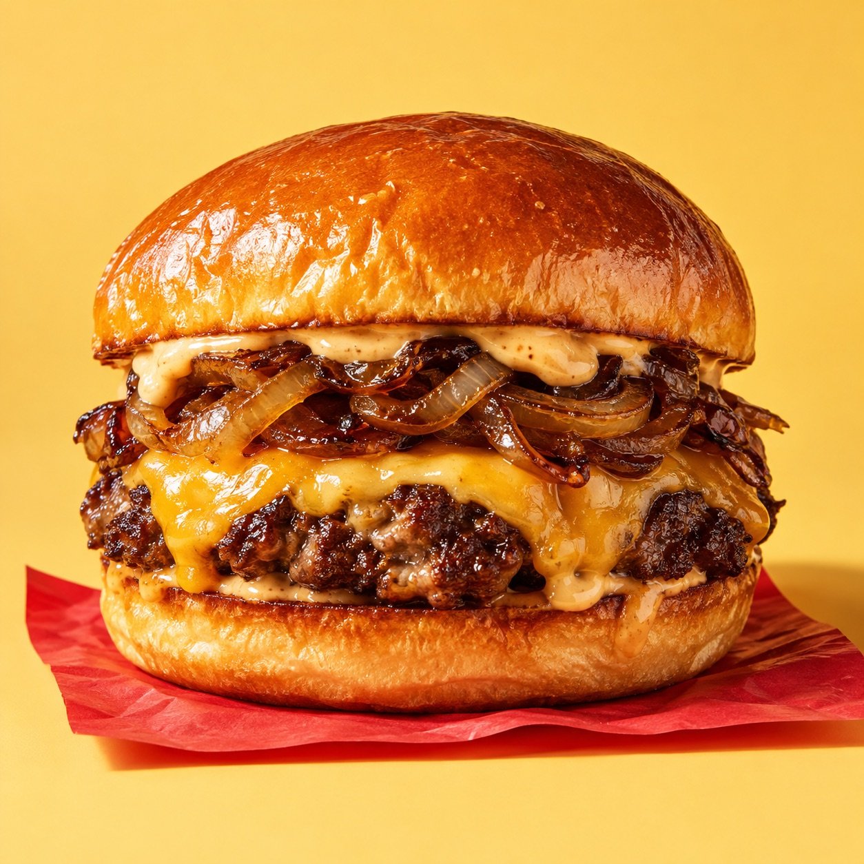 Beef burger with melted cheese and onions