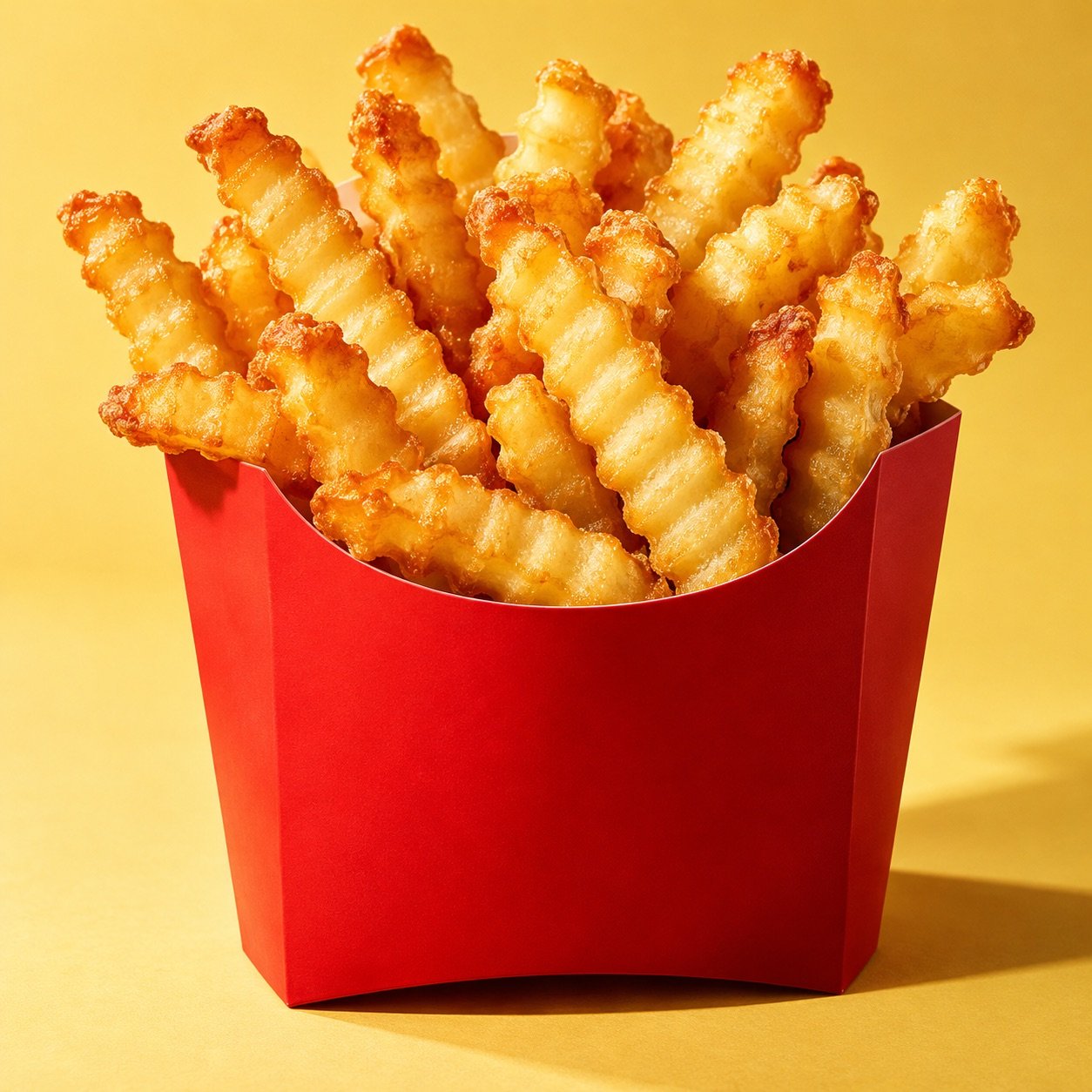 Golden crinkle fries in a red carton