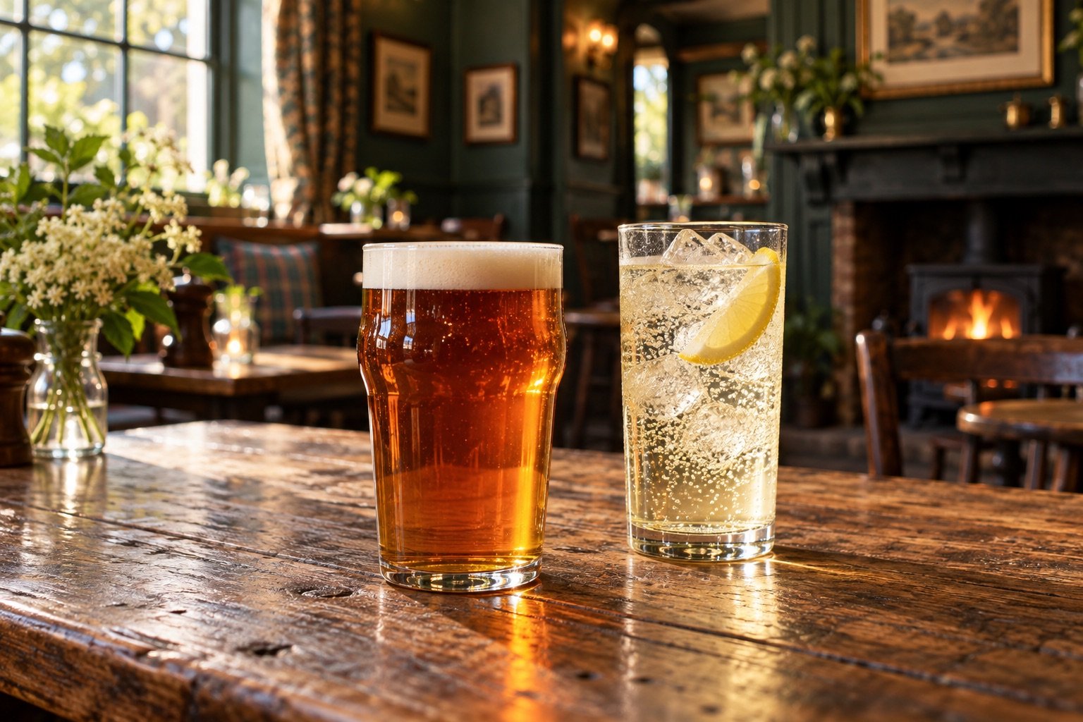 An amber pint and a sparkling soft drink on a pub table