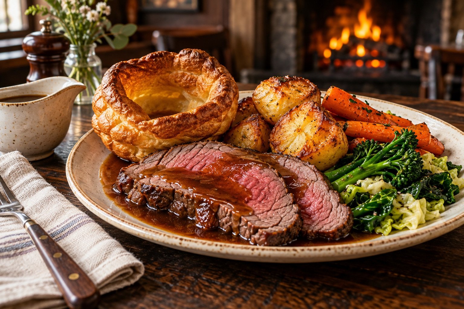 Roast beef with Yorkshire pudding and golden potatoes