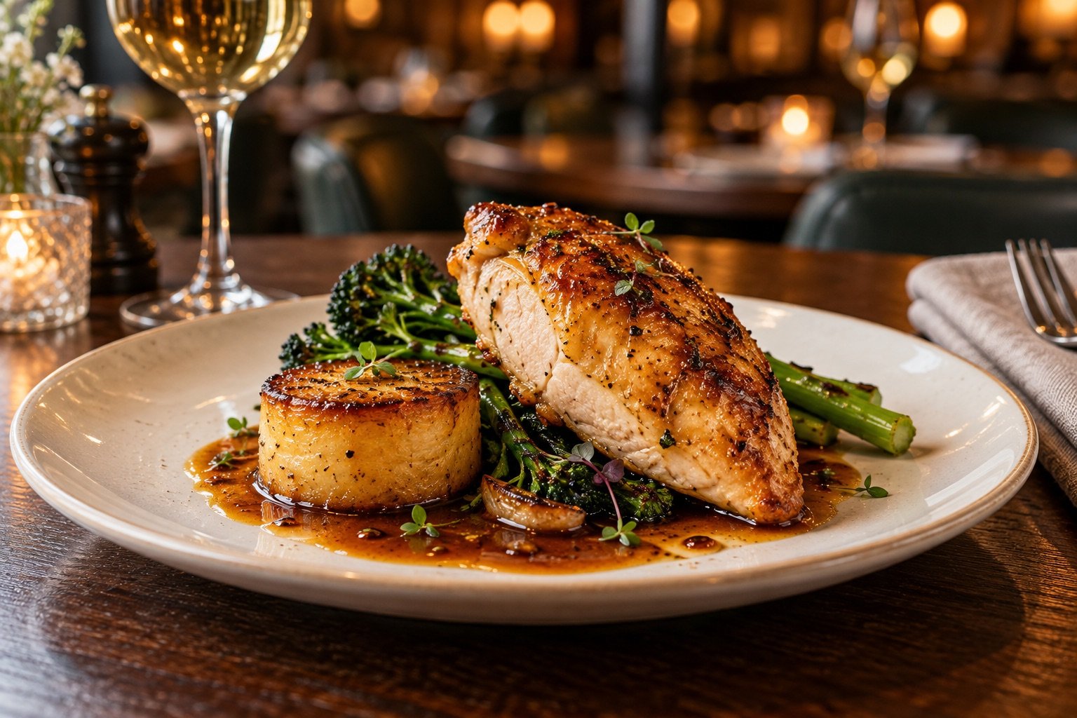 Roast chicken with seasonal vegetables and jus