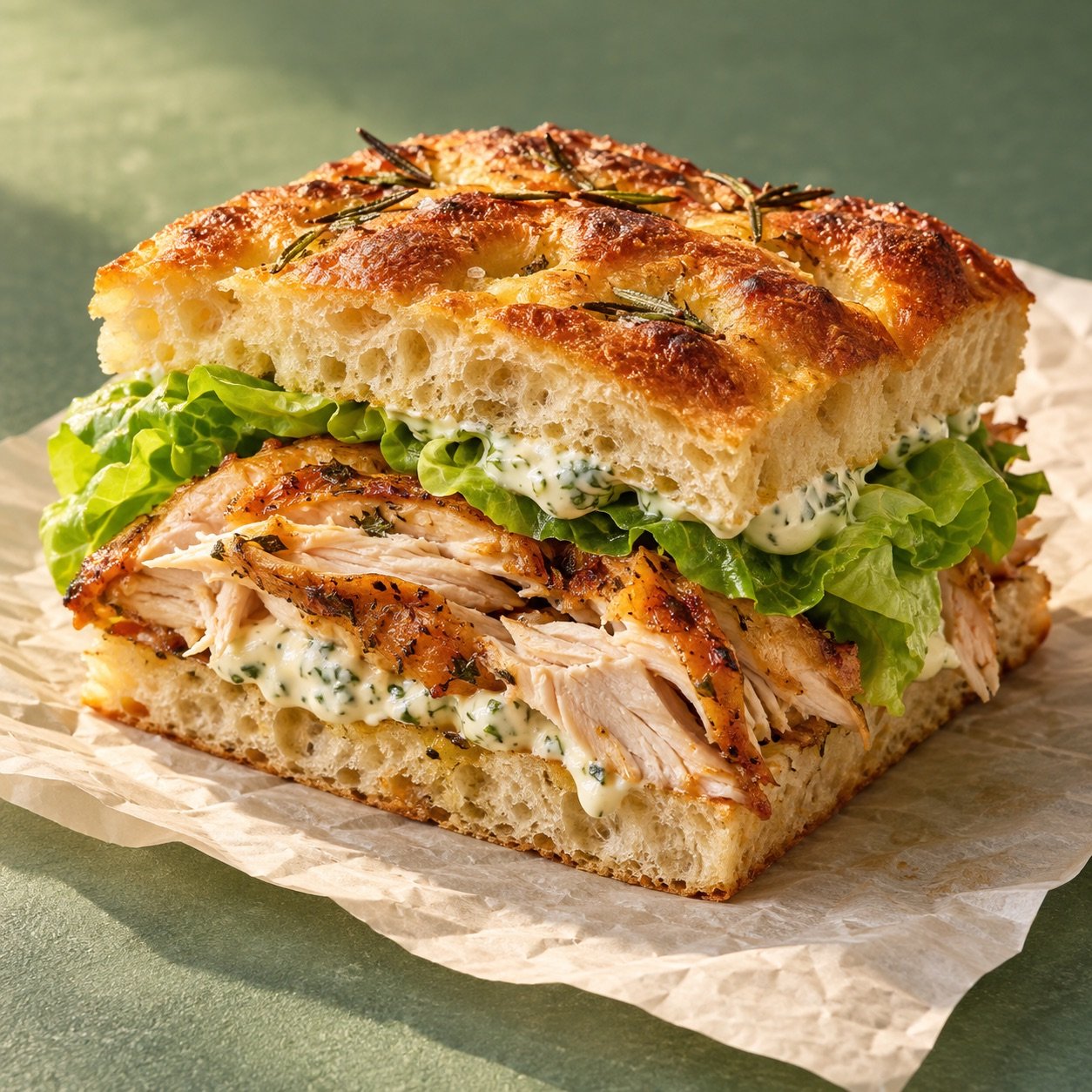Chicken and lettuce focaccia
