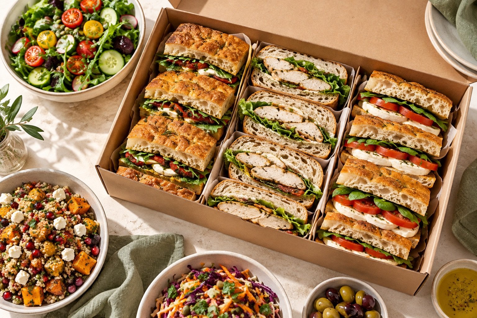 A catering spread of focaccia sandwiches and colourful salads