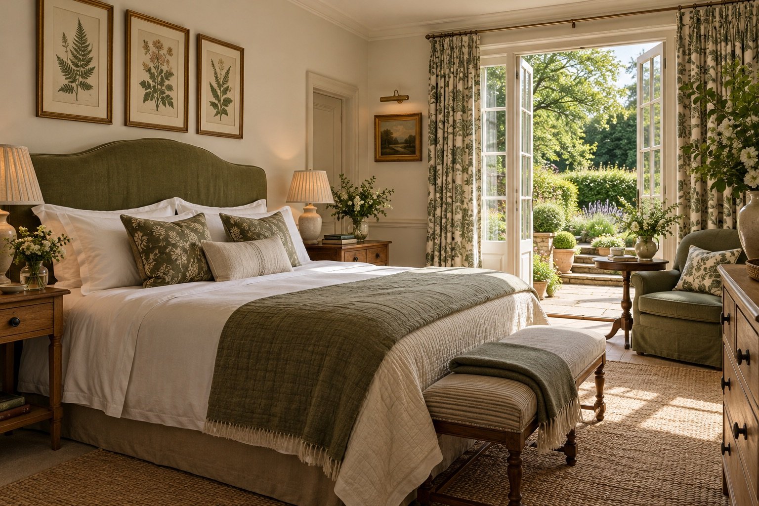 A garden-facing king bedroom with botanical details